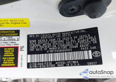 2013 Toyota Camry Le from USA, damaged, VIN 4T1BF1FKXDU695653